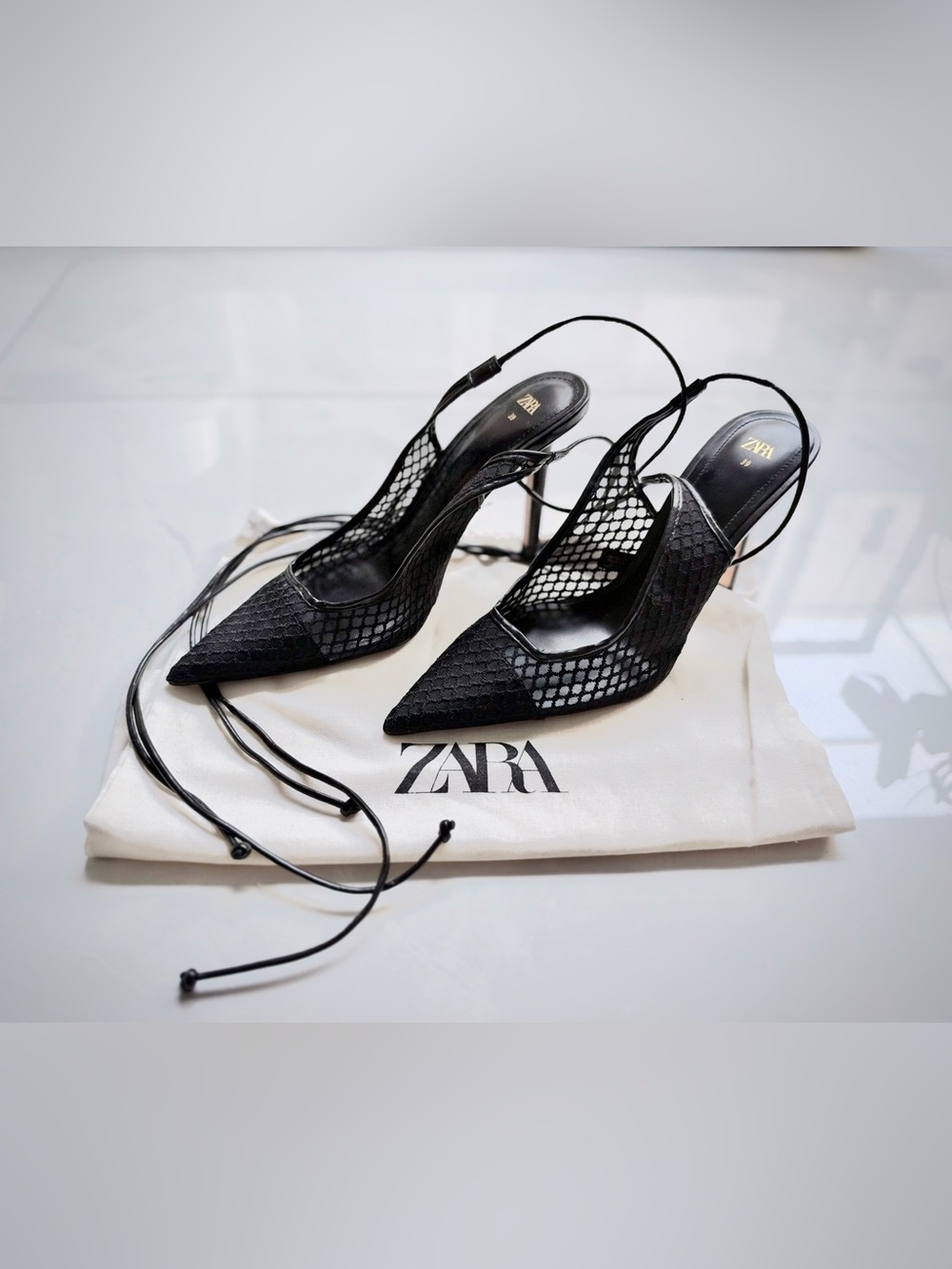 Zara black mesh lace up pointed high slingbacks Sz 8.5